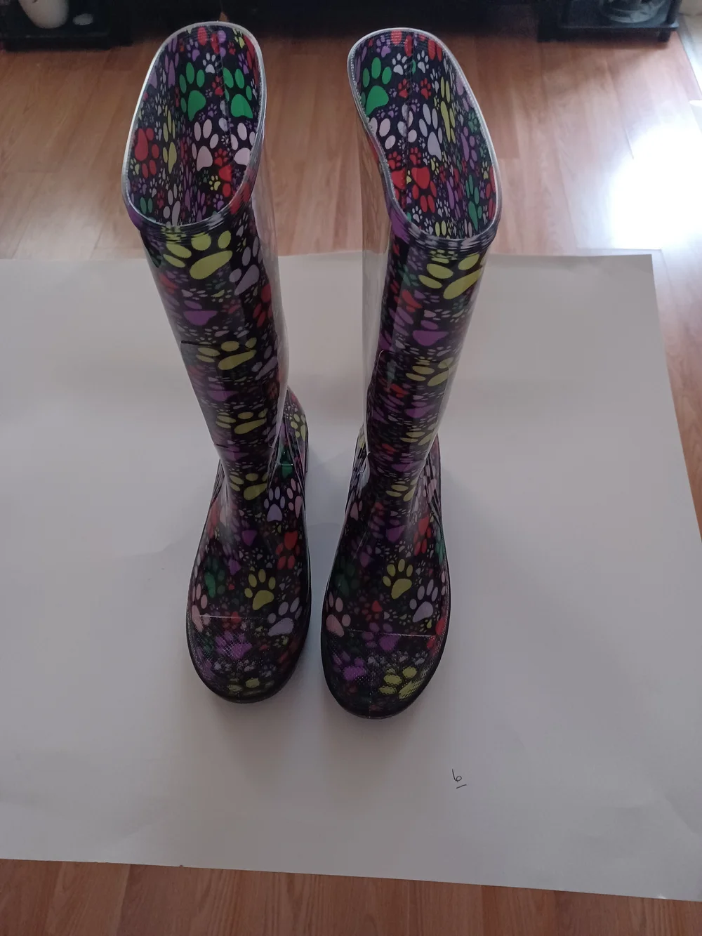 Women’s Black Rain Boots with Multicolor Paw Print Pattern